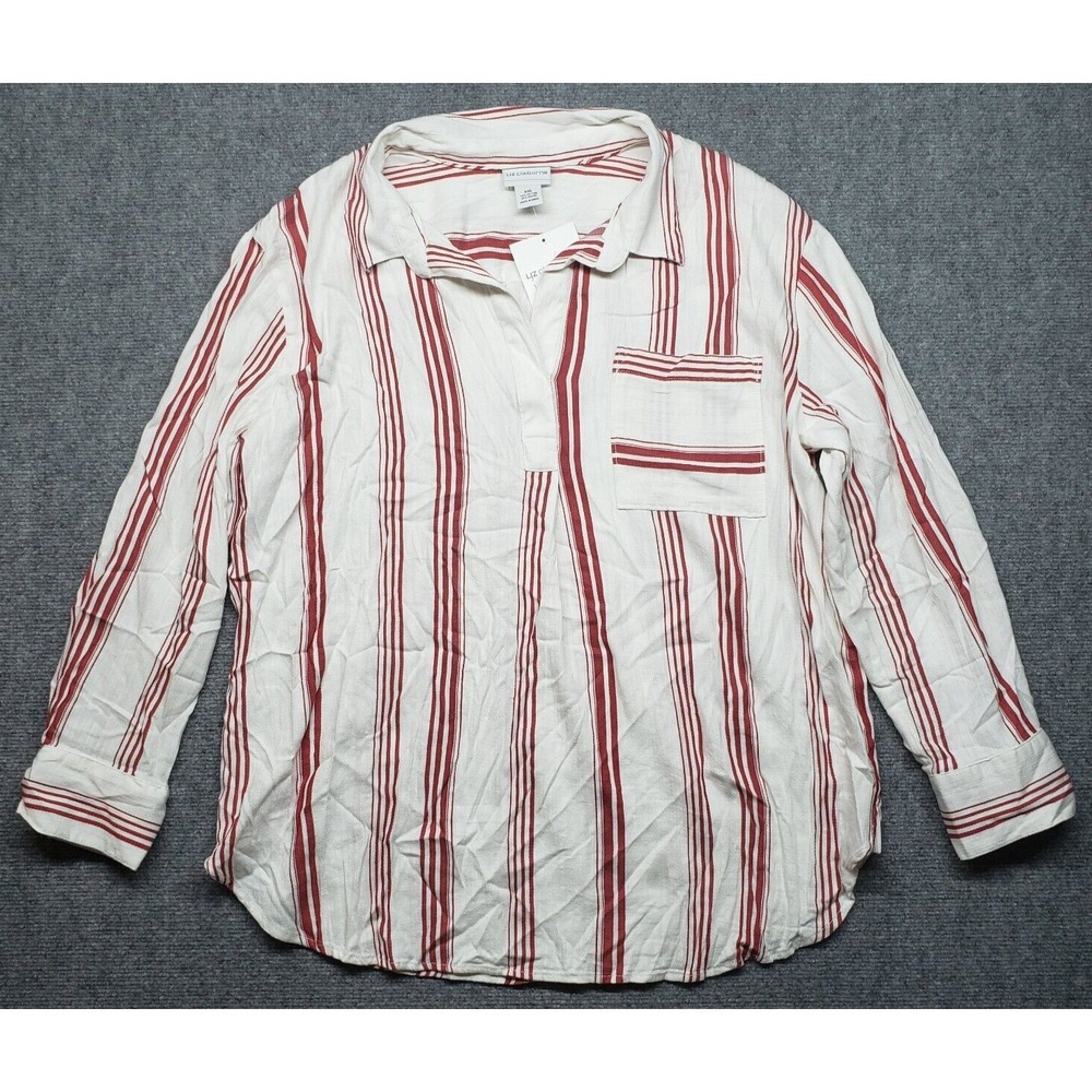 Liz Claiborne Blouse Womens 2XL Cabaret Red Striped Roll Tab Sleeve Collared New